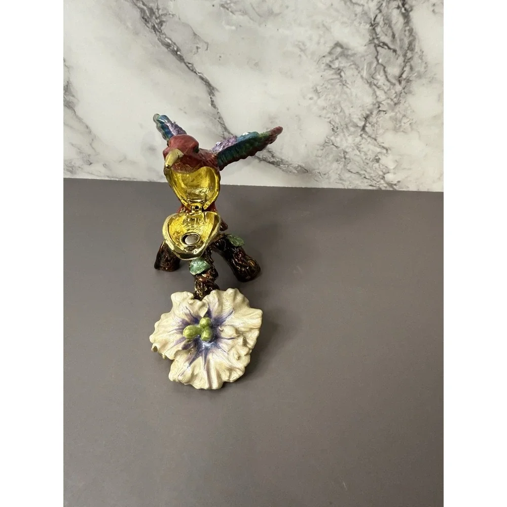 Beautiful Rare Hinged Hummingbird Shiny Jeweled Trinket Box W/Magnetic Clasp
